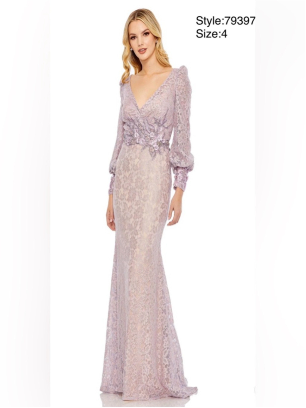 NWT- Mac Duggal Elegant Lavender Lace V-Neck Evening Gown style:79397